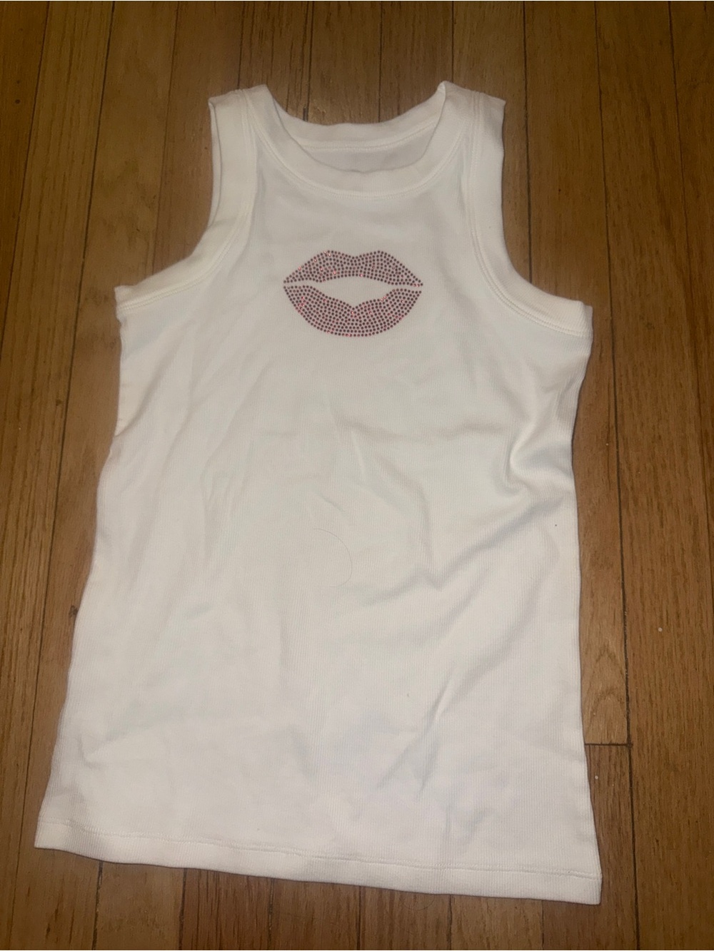 LOFT White Ribbed Tank with Pink Lip Rhinestone Motif